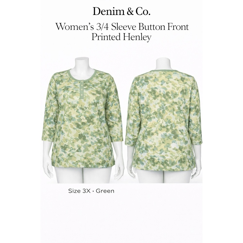 Denim & Co Womens 3X Perfect Jersey 3/4 Sleeve Floral Henley Green A215884